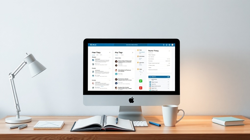 A modern workspace featuring a computer, desk lamp, notebook, and coffee cup, illustrating a virtual assistant's work environment.
