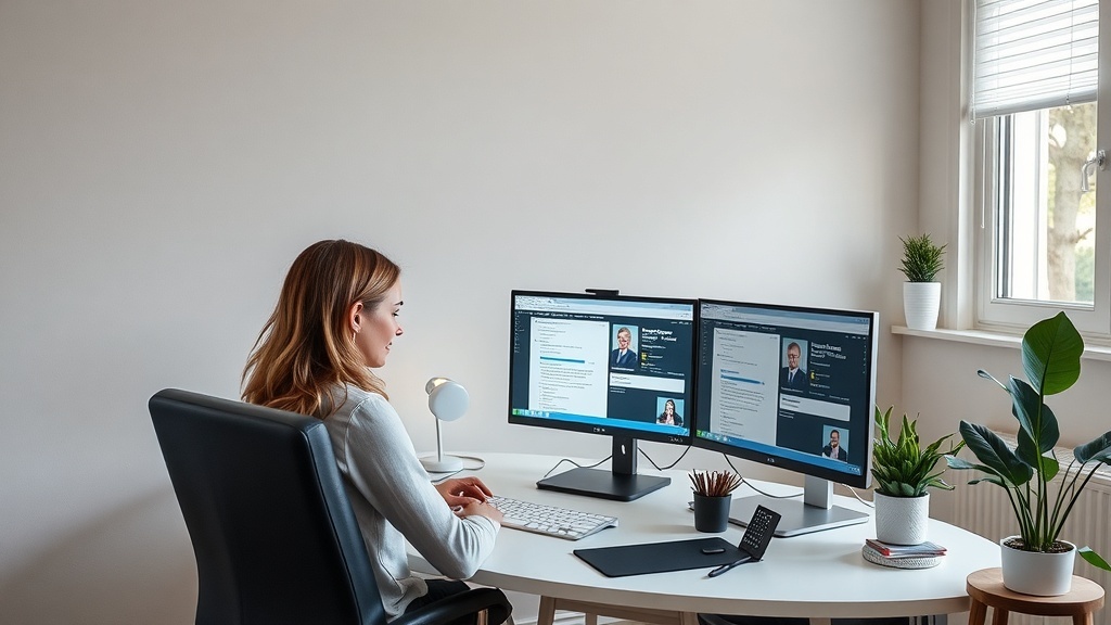A woman working at a desk with two monitors, focused on her tasks as a virtual assistant.