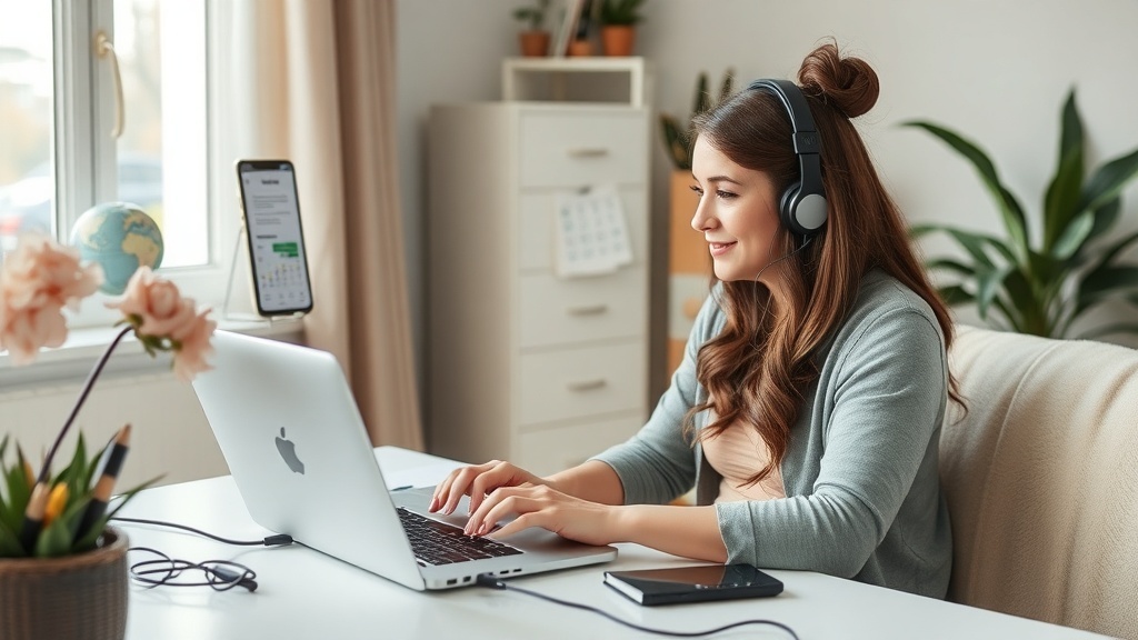 A woman working on a laptop with headphones in a cozy home office setting.