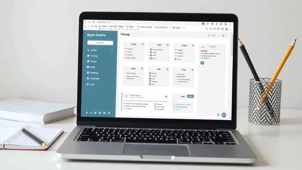 A laptop displaying a project management tool, with a notepad and pencil nearby.