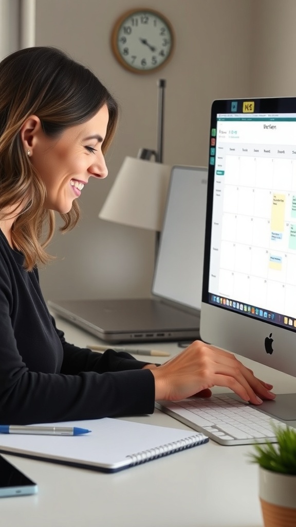 A woman smiling while working on a computer, managing a calendar.