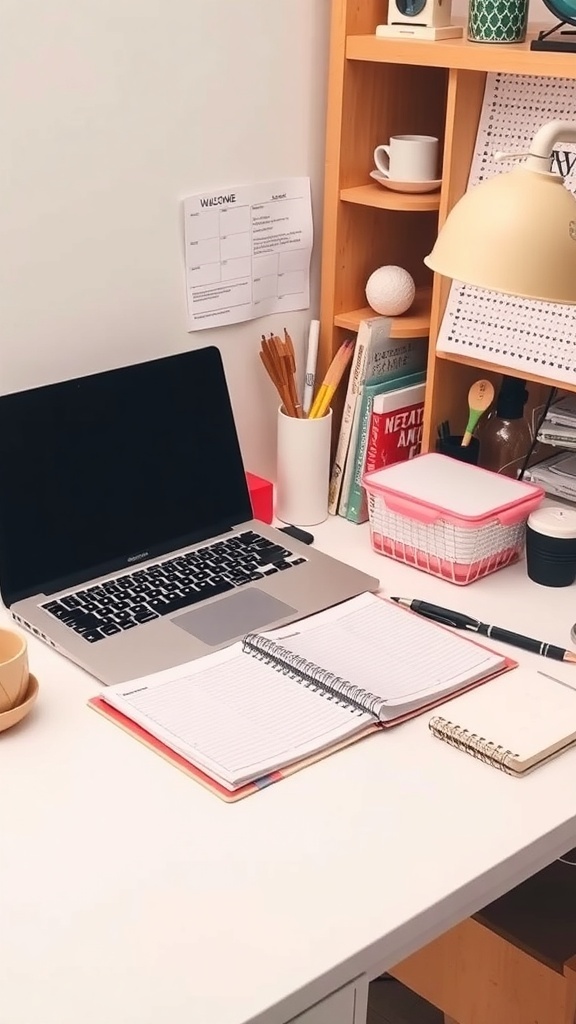 A tidy workspace with a laptop, notebooks, and stationery.