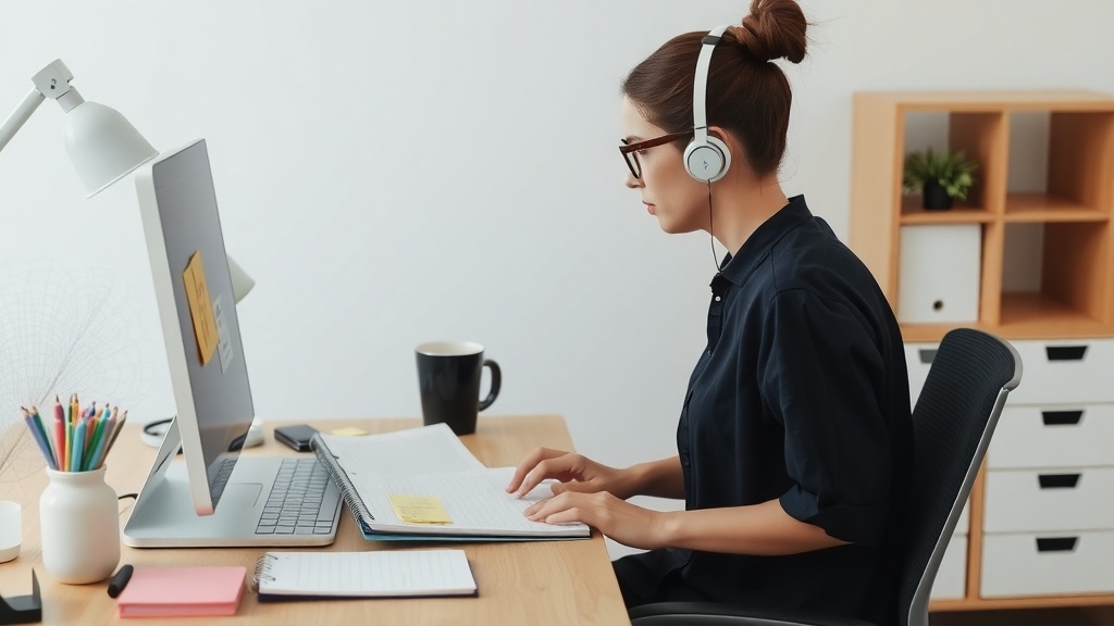 A focused individual working as a virtual assistant at a tidy desk with headphones on.