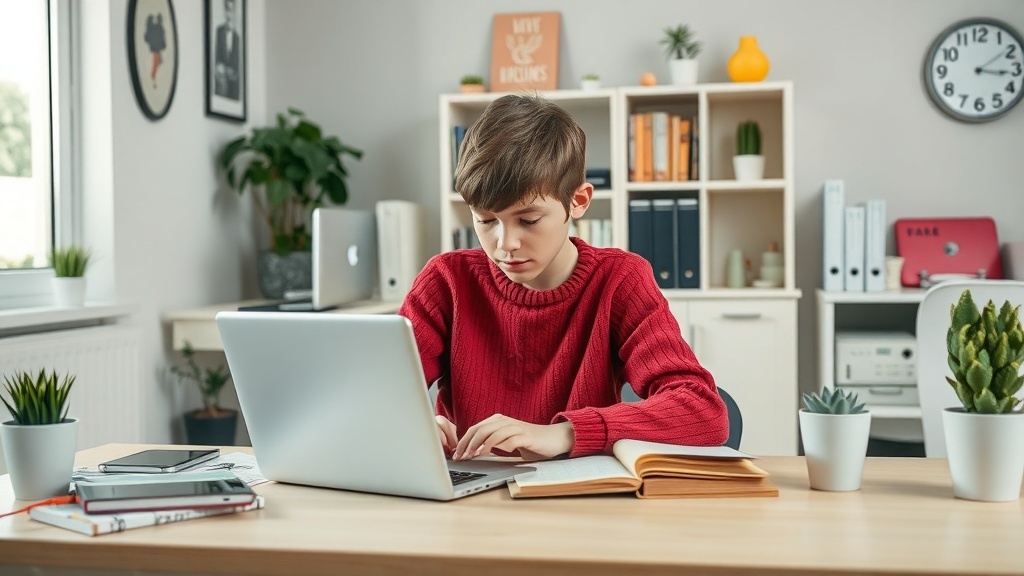 A focused teenager working at a desk with a laptop and books, representing virtual assistant tasks.