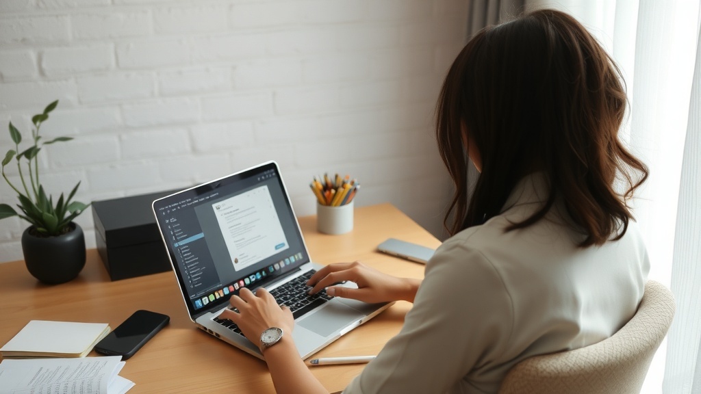 A person working as a virtual assistant on a laptop at a desk with a plant and stationery.