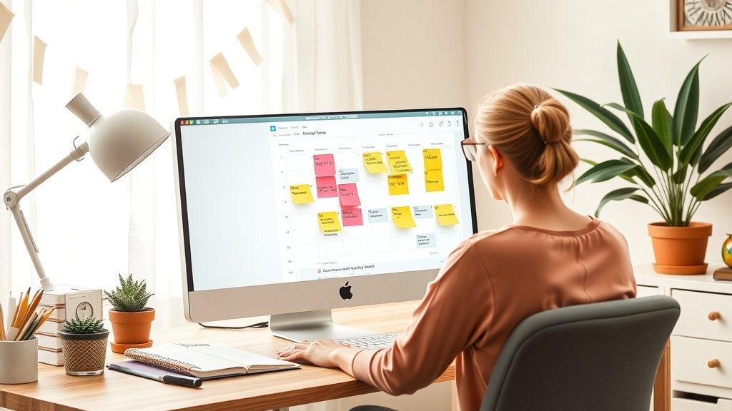 A person working as a virtual assistant at a desk with a computer displaying a calendar and sticky notes.
