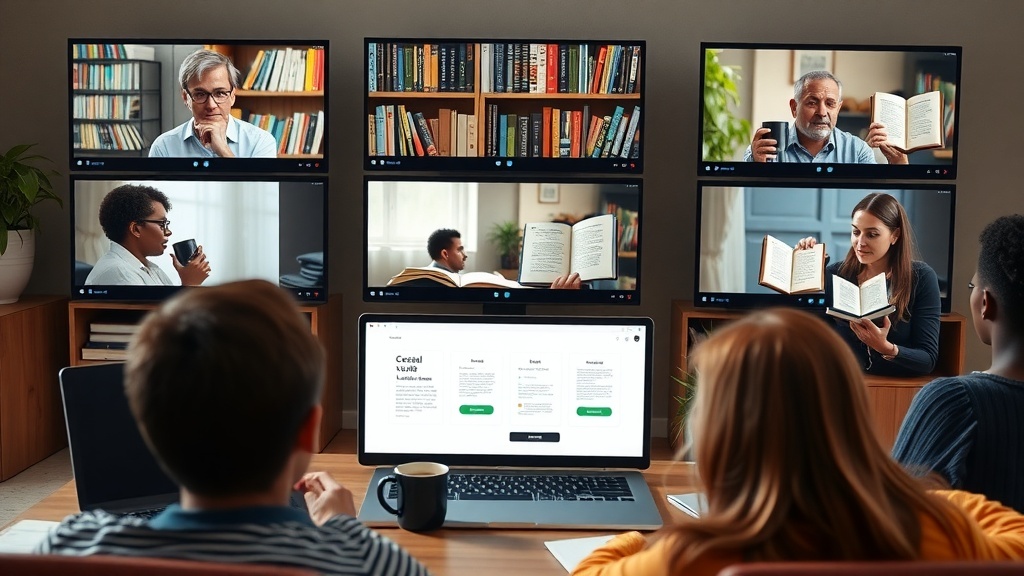 A group of people participating in a virtual book club session, displayed on multiple screens, with one person reading aloud.