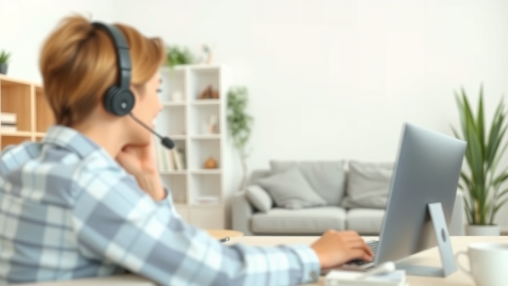 A person with a headset working on a computer in a home office setting.