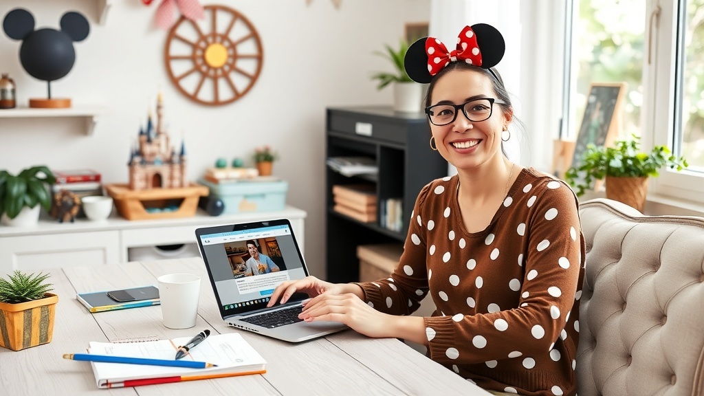 A woman with Mickey Mouse ears working on a laptop, smiling while planning Disney trips.