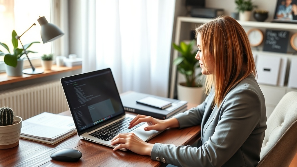 A woman working on a laptop in a home office setting, focused on her tasks.