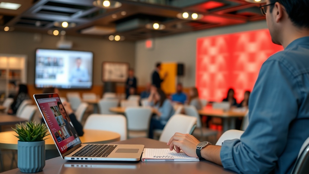 A person working on a laptop during a virtual event in a modern setting.