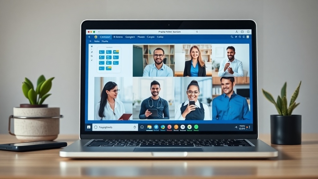 A laptop displaying a video call with multiple participants, representing a virtual project management meeting.