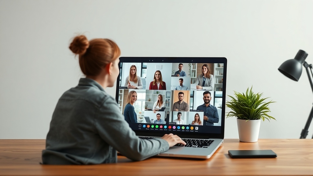 A person participating in a video call with a team on a laptop, showcasing remote collaboration.