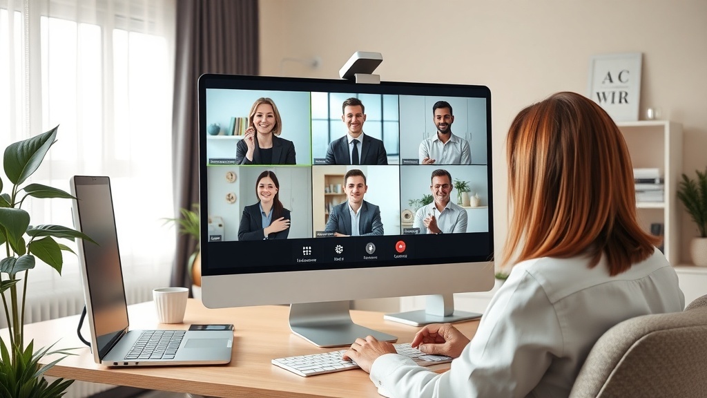 A person participating in a video call with multiple candidates on a computer screen, showcasing the role of a virtual recruiter.