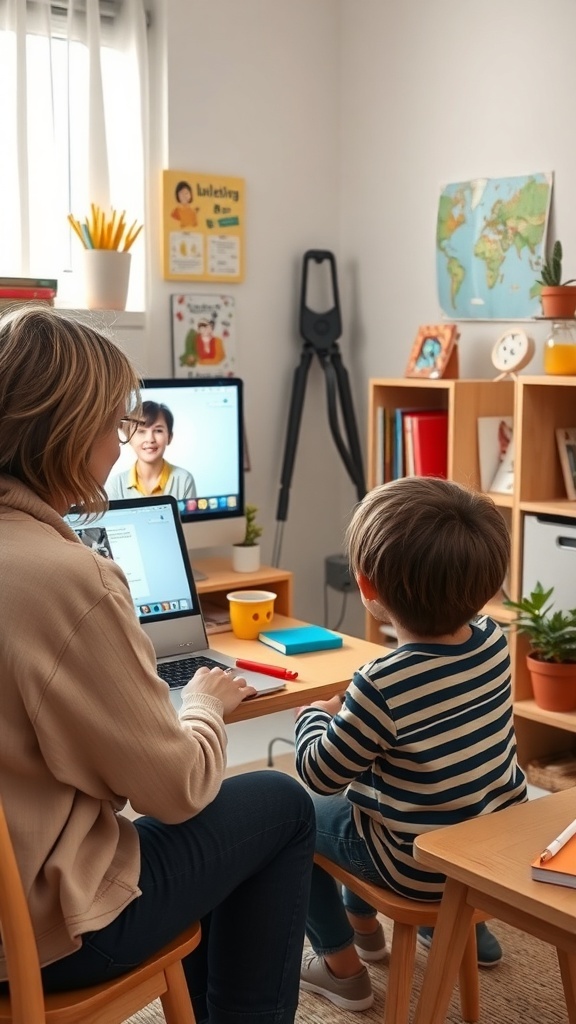 A cozy home office setting with a woman tutoring a child online, showing a computer screen with a smiling teacher.