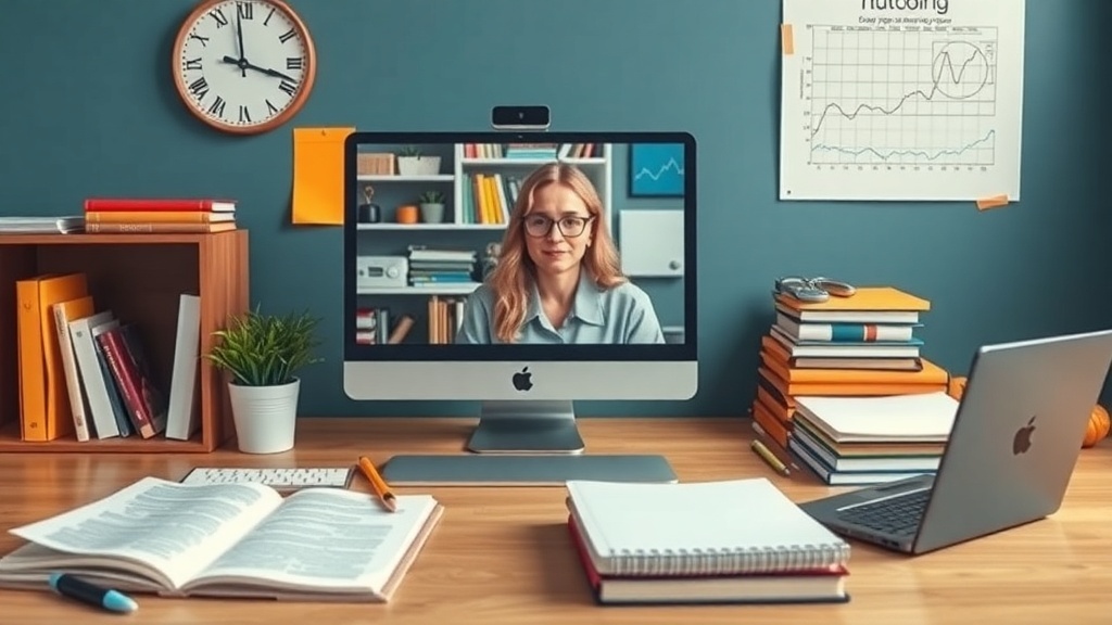 A virtual tutoring session taking place on a computer screen with a tutor and study materials around.