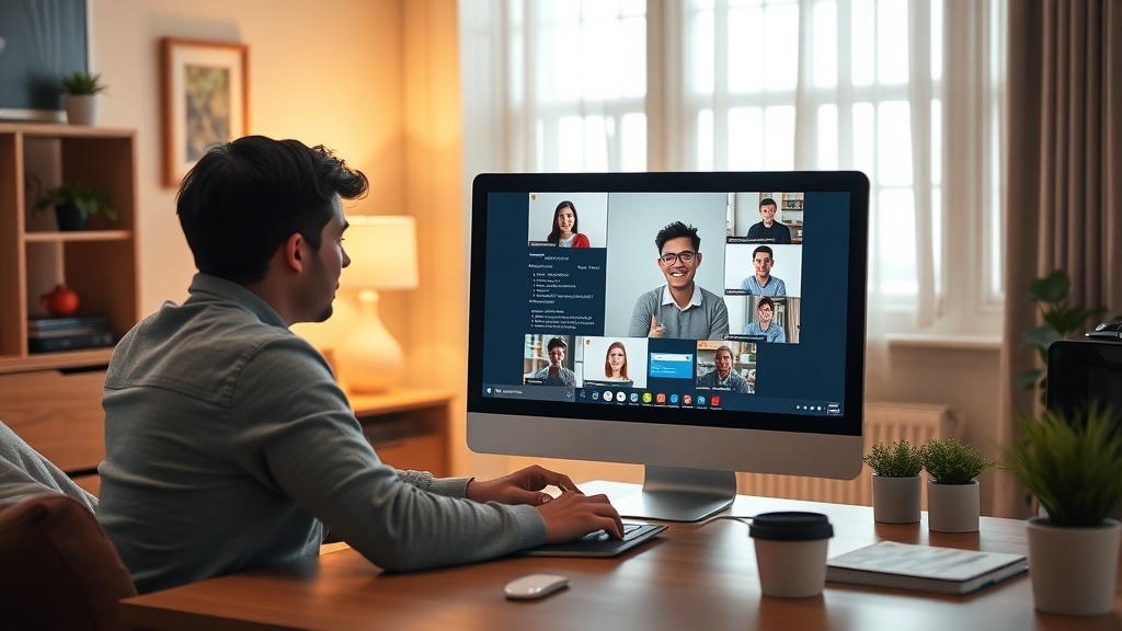 A person participating in a virtual tutoring session on a computer, showing multiple students on the screen.