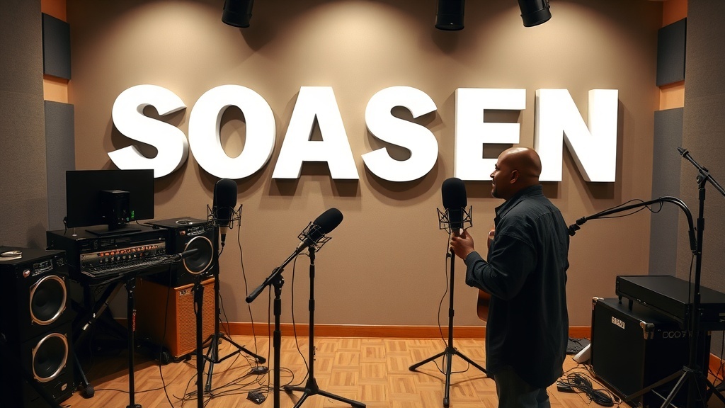A person in a professional audio studio with microphones and sound equipment.