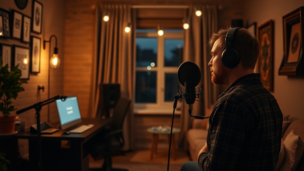 A person recording voiceover work in a cozy home studio with headphones and a microphone.