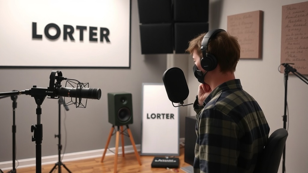 A person in a recording studio preparing to do voiceover work, wearing headphones and sitting in front of a microphone.