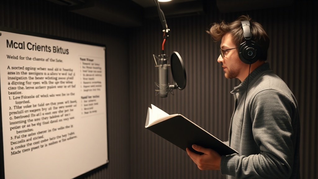 A person recording voiceover in a studio with a script in hand.