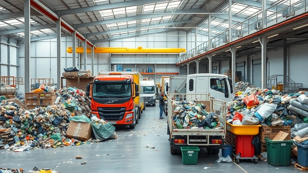 A busy waste management facility with trucks and piles of sorted waste.