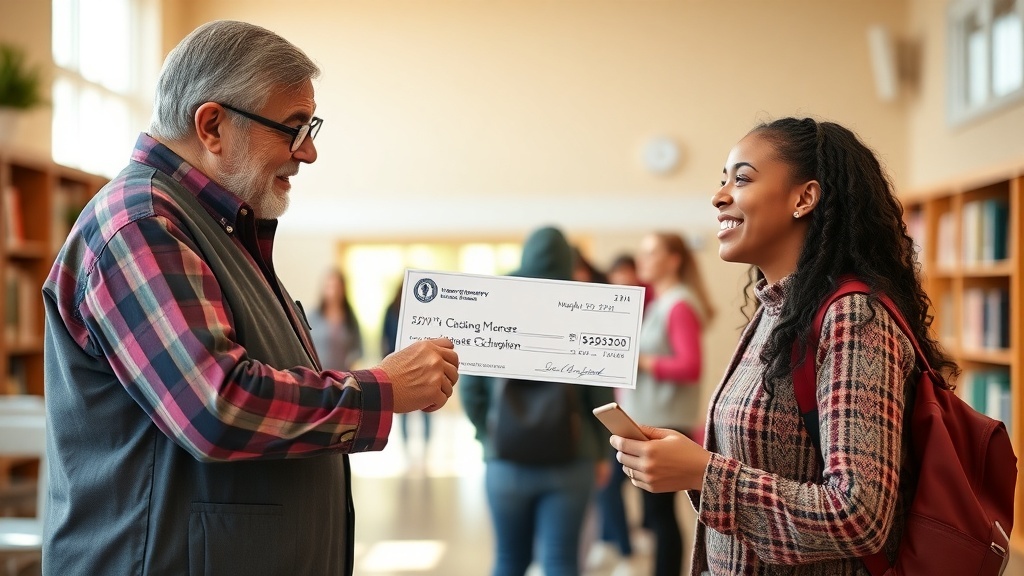An older man handing a large check to a young woman in a school setting, symbolizing support for education.