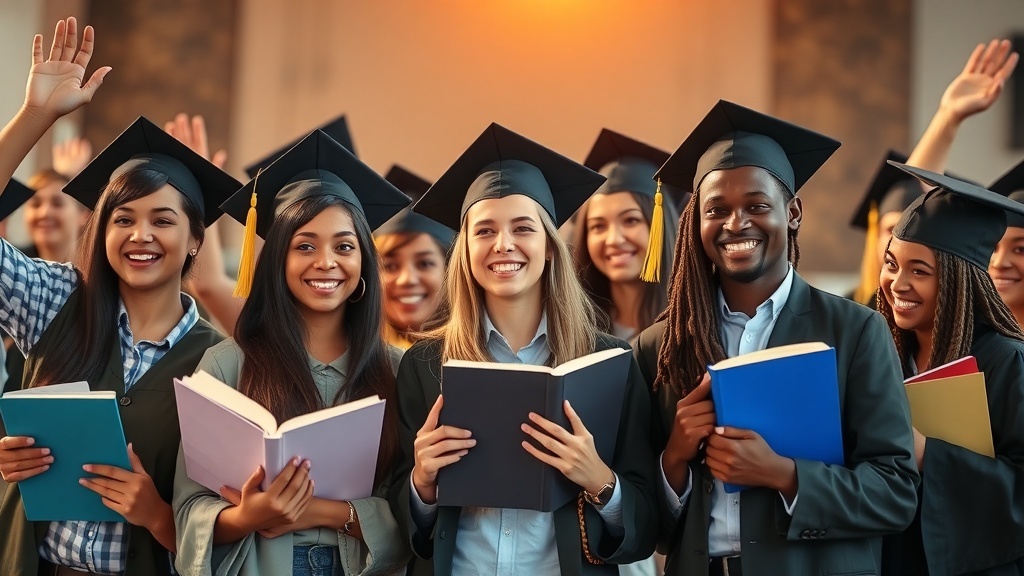 A group of graduates in caps and gowns, with one student raising their hand.