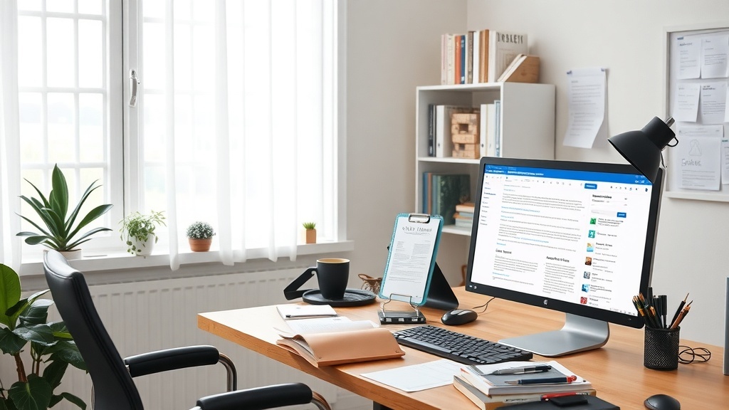 A modern workspace with a computer, plants, and a cup of coffee, representing a web content editor's environment.