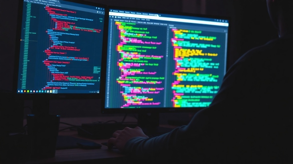 A person coding on dual monitors with colorful programming text on the screens.