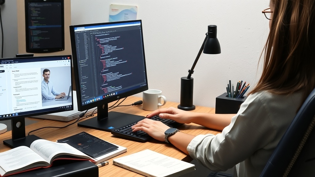 A person working on web development at a desk with two monitors, one showing code and the other a website layout.