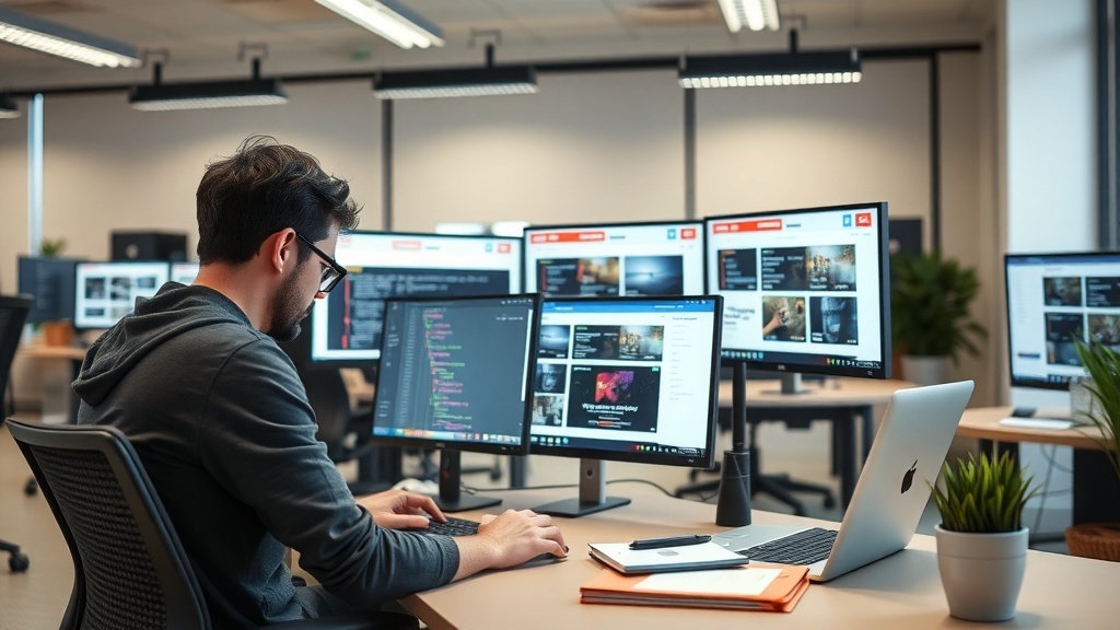 A web developer working on multiple screens in an office setting, focused on coding and website design.
