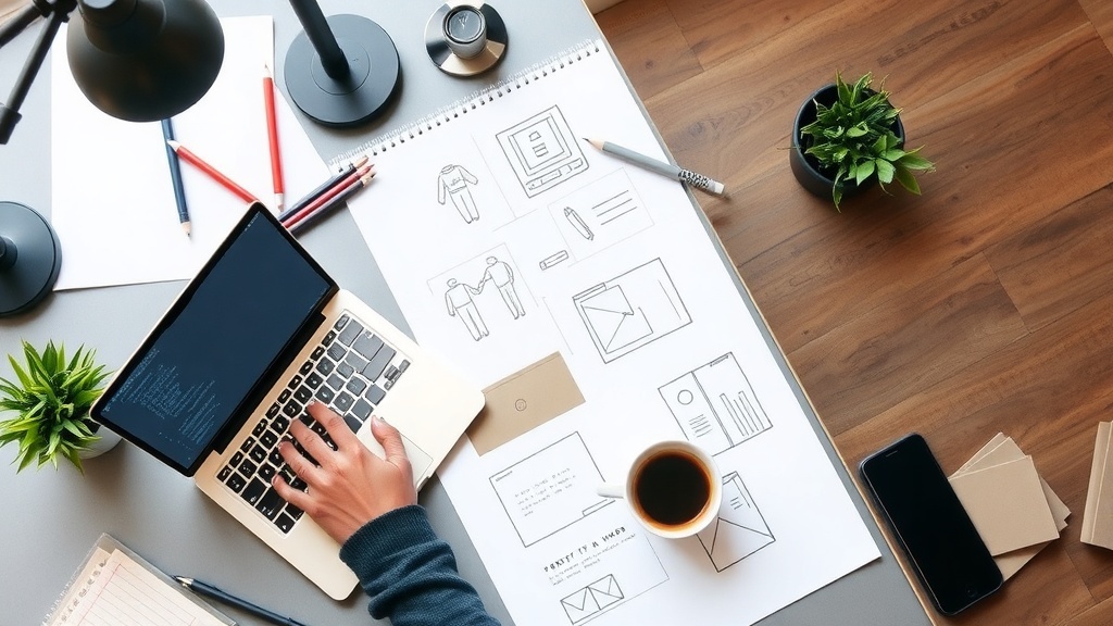 A workspace with a laptop, sketches, coffee, and design tools for website development.