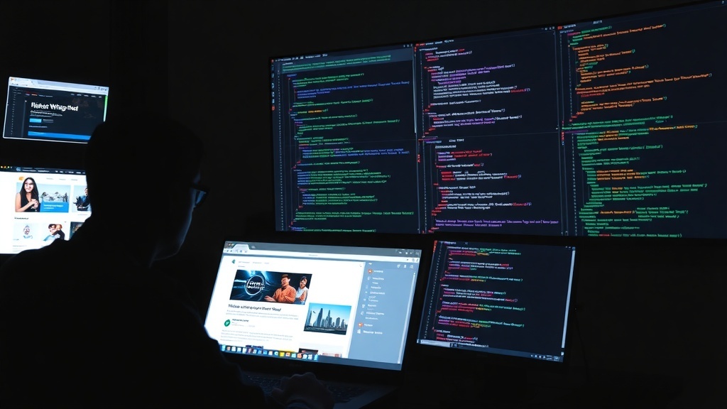 A person coding on multiple computer screens in a dark room, showcasing website development work.