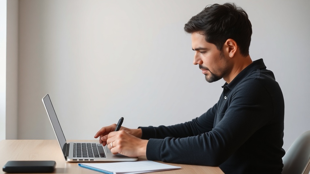 A focused individual working on a laptop, likely reviewing a website.