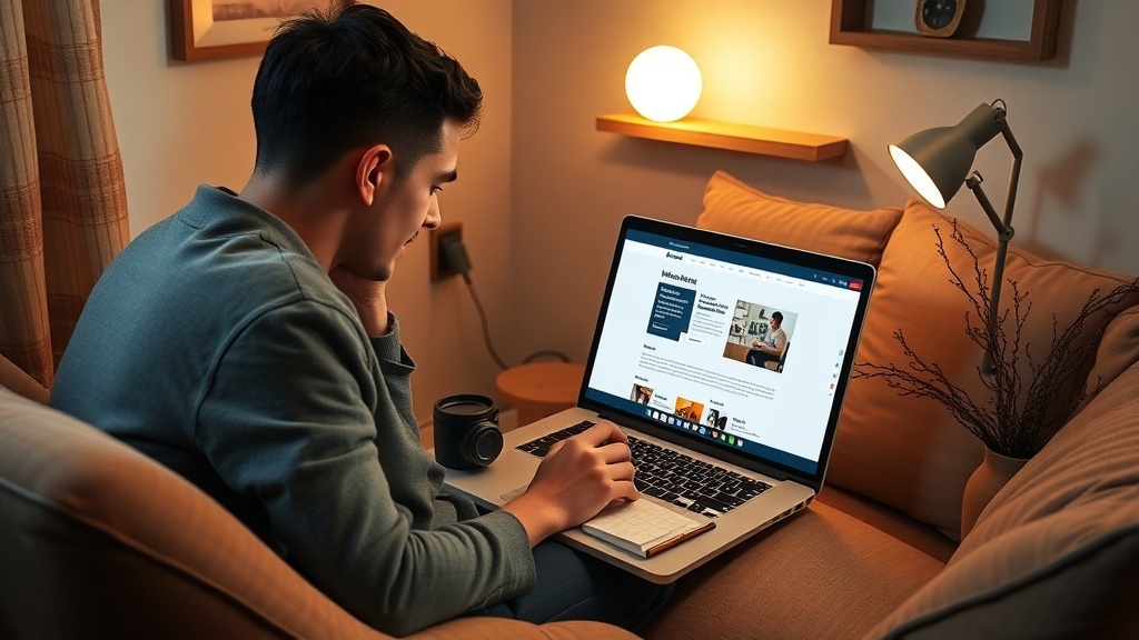 A person sitting on a couch, working on a laptop in a cozy home setting.