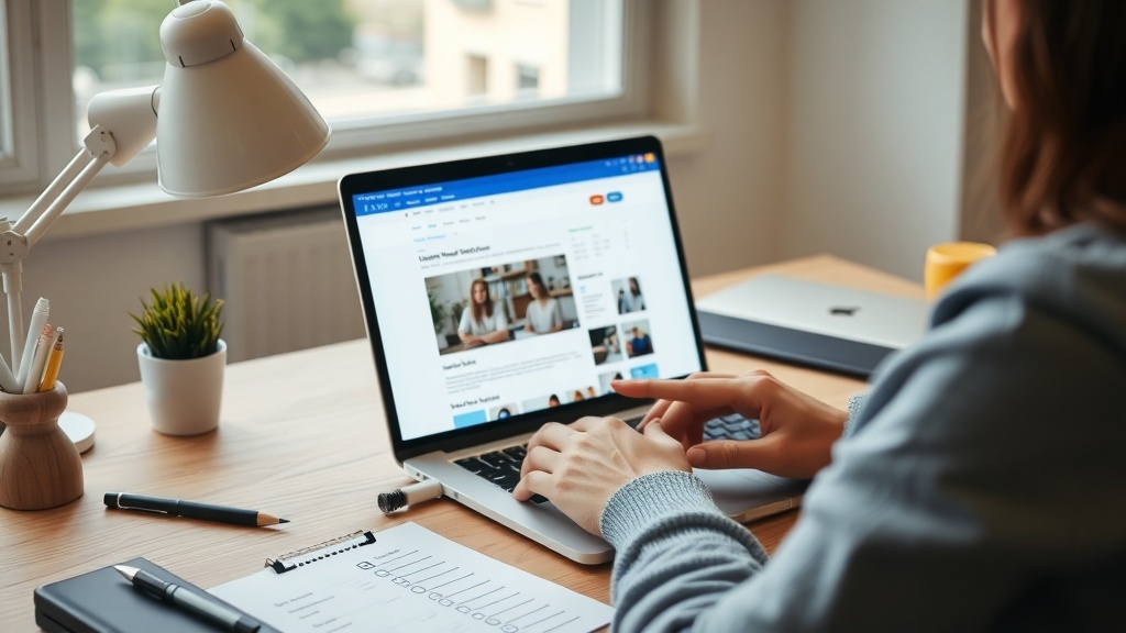 A person testing a website on a laptop at a desk with a lamp and a plant.