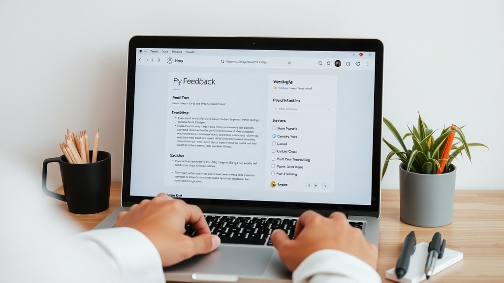 A person typing on a laptop with a website feedback form on the screen, surrounded by a cup and a plant.