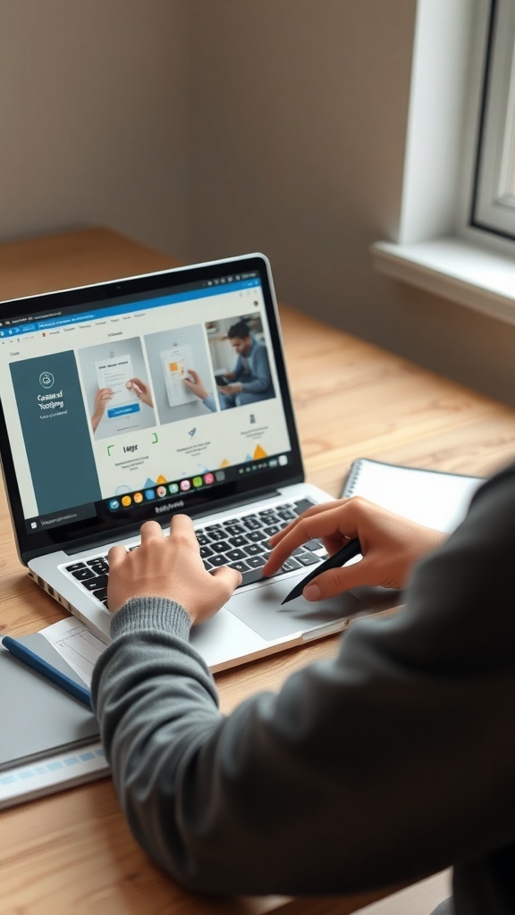 A person typing on a laptop, engaged in website testing and reviews.