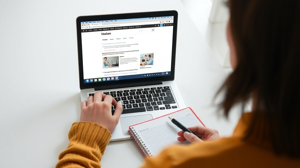 A person testing a website on a laptop while taking notes.