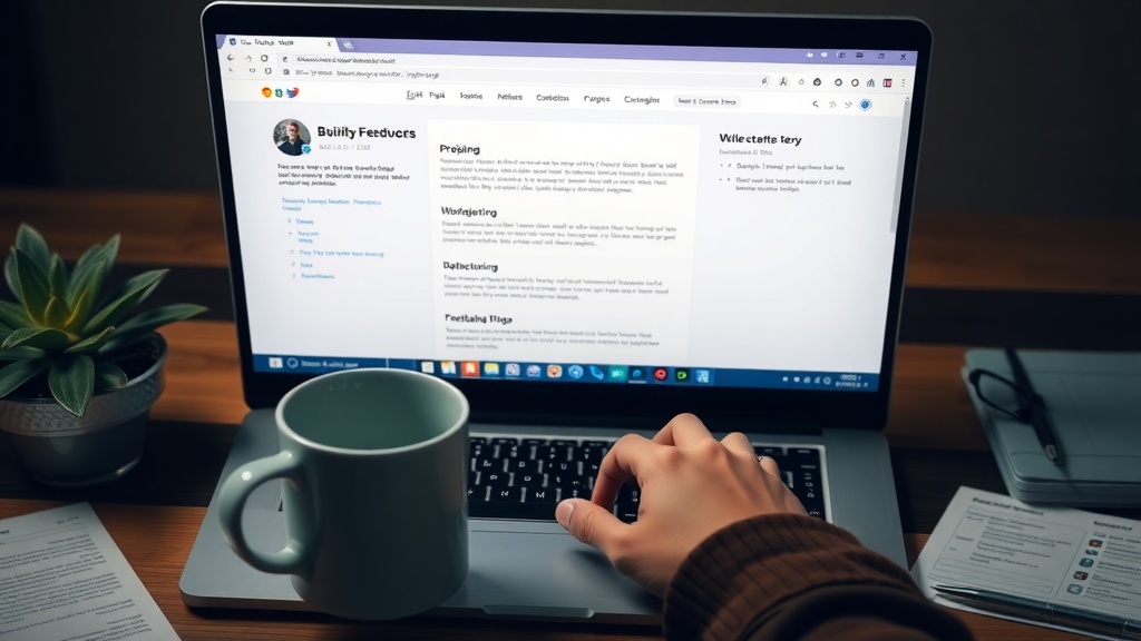 A laptop displaying a website testing platform with a hand ready to type, a coffee cup nearby, and a plant in the background.