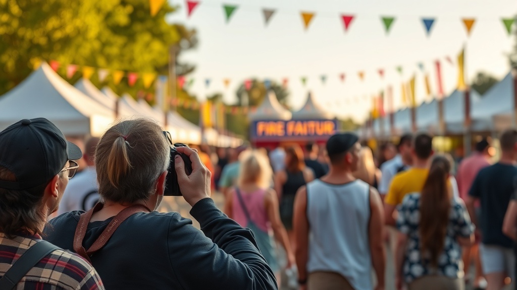 A photographer capturing a lively crowd at an outdoor event with colorful flags and tents.