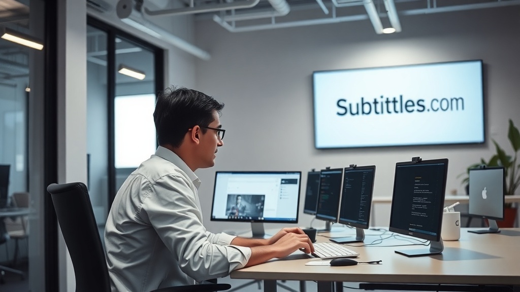 A person working at a desk with multiple computer screens in a modern office environment, featuring the Subtitler.com logo in the background.