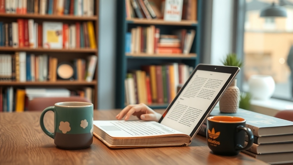 A cozy workspace with a laptop, an open book, and two mugs of coffee on a wooden table.