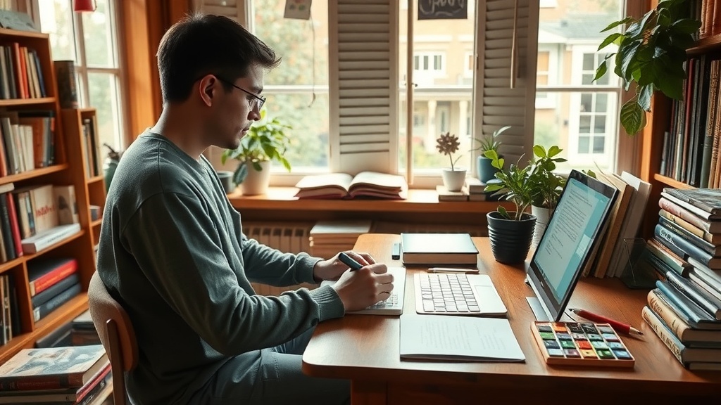 A person writing at a desk surrounded by books and plants, illustrating the process of creating e-books.