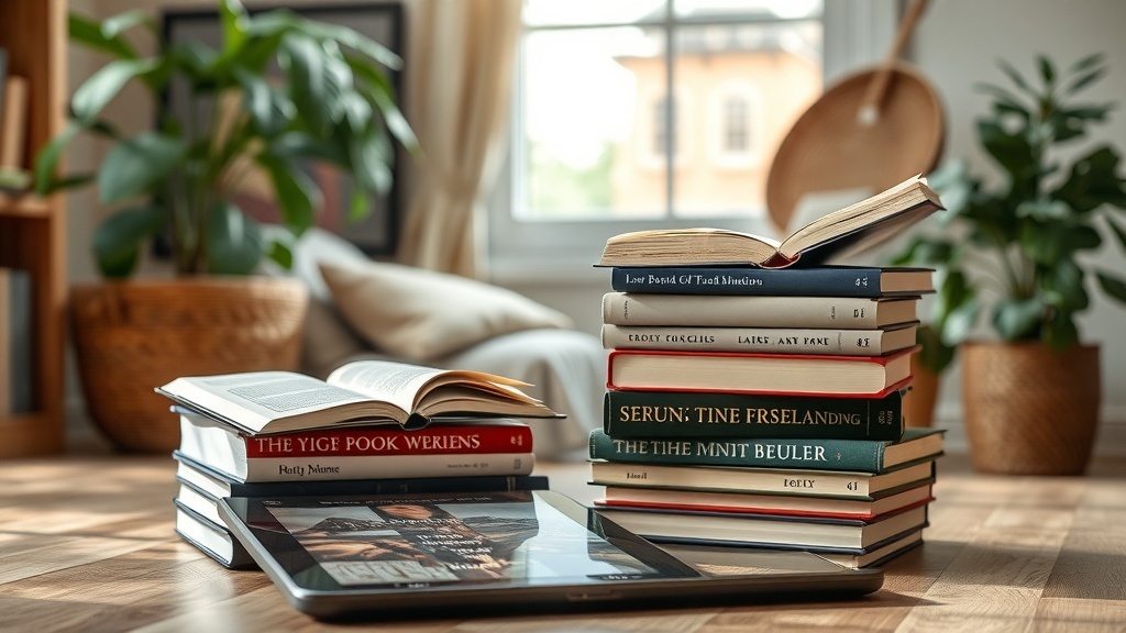 A cozy reading nook with a stack of books and a tablet, symbolizing the blend of traditional and digital reading.