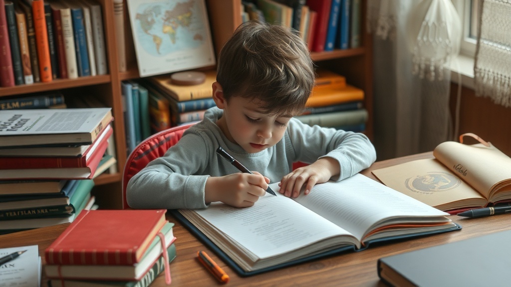 A young boy writing in a notebook surrounded by books, showcasing creativity and focus.