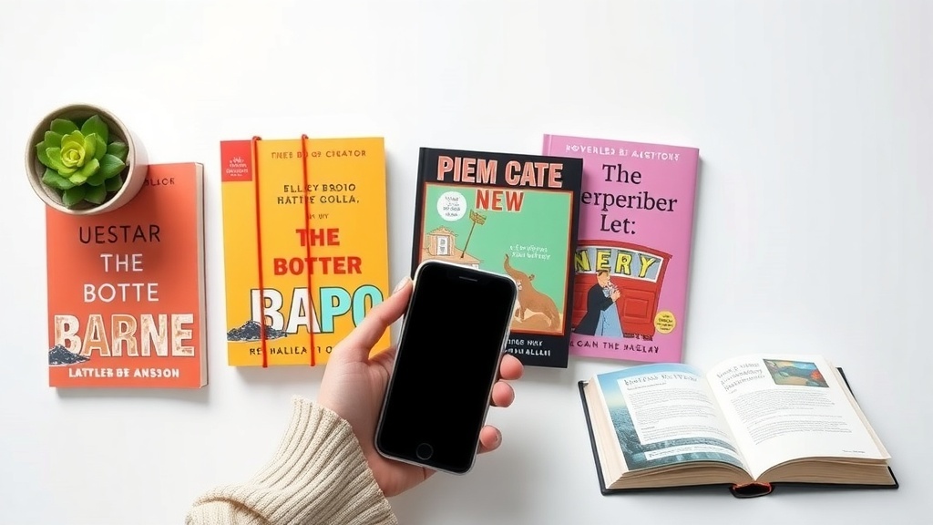 A hand holding a smartphone with colorful books arranged around it, symbolizing book-related social media engagement.