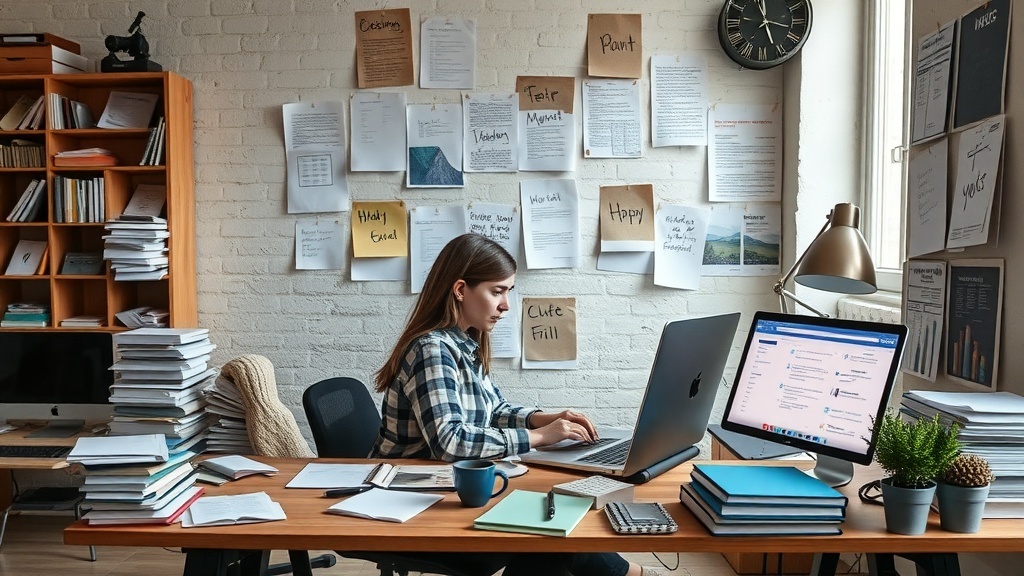 A writer working in a cozy workspace filled with books and notes, illustrating the concept of writing for content mills.