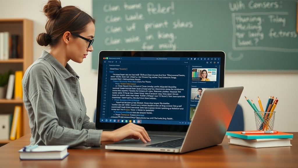 A woman working on her laptop, focused on writing content for online courses.